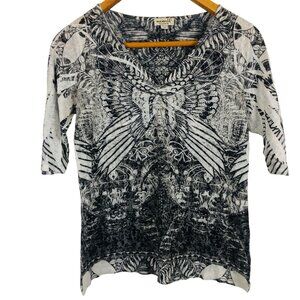 One World Abstract Blouse Sz Large Butterfly Pattern Studded Black White